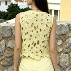 Women Floral Hollow Lace Sleeveless Crop Top Round Neck Scalloped Hem Sheer Mesh Vest Summer Beach Cover Up Solid Color Tank Top