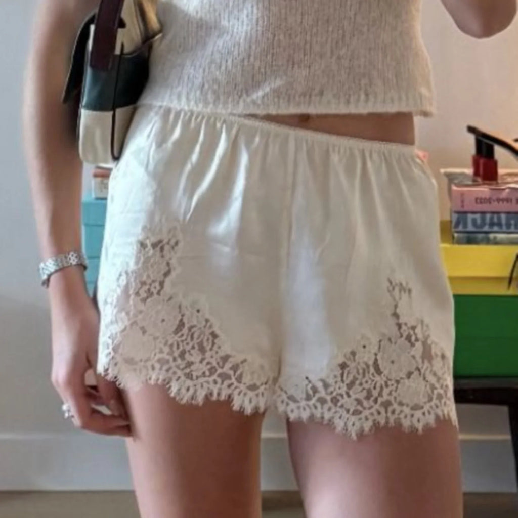 VacationGrabs Women Pettipants Slip Shorts Lace Trim Satin Silk Bloomers Bottoms Elastic Waist Lace Slip Shorts Y2K Streetwear