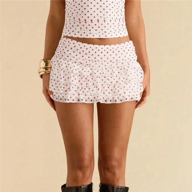 VacationGrabs Polka Dot Mini Skirt for Women Low Rise Tiered Layered Ruffle Y2K Pleated Skirt Flowy A Line Short Skirts