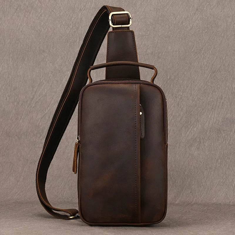 Crazy Horse Leather Men’s Chest Bag Top Layer Cowhide Sling - VacationGrabs