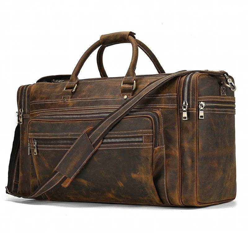60cm High Capacity Genuine Leather Travel Duffle for Men Weekend Bag - VacationGrabs
