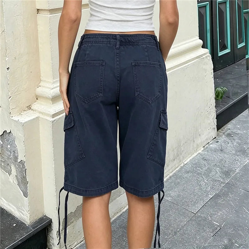 VacationGrabs Women's Y2K Low Waist Cargo Bermuda Shorts Drawstring Tie Hem Knee Length Pants with Pockets Casual Loose Fit Streetwear
