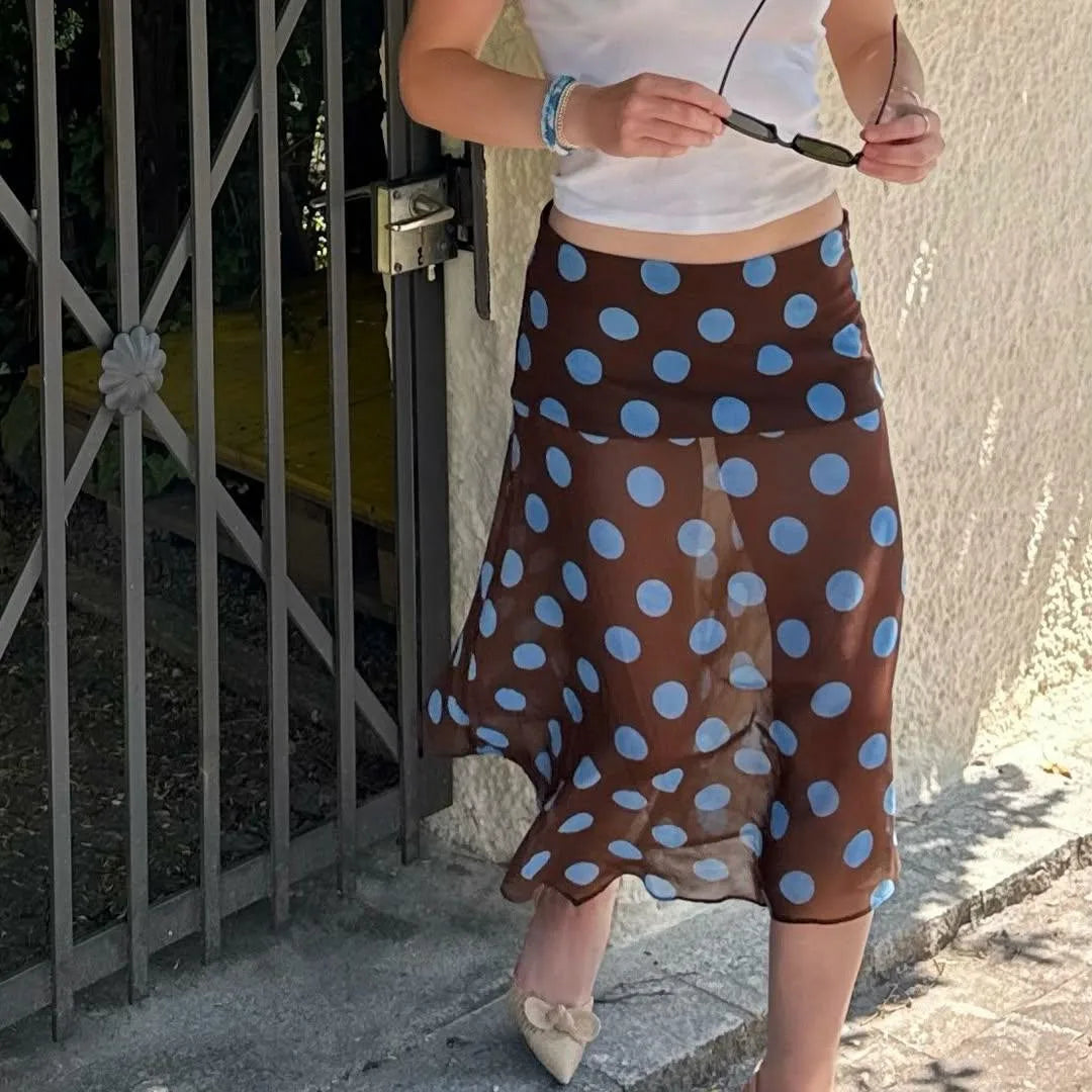 VacationGrabs Elegant Blue Polka Dot Skirt Women's Asymmetrical Chiffon Midi Skirt Y2K Summer Fashion Holiday Party Casual Lady Skirt