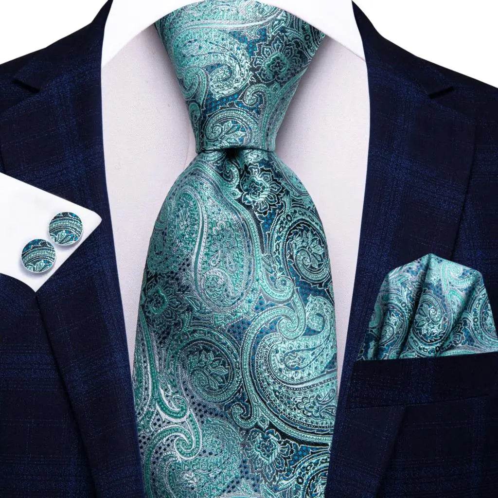 Teal Green Striped Silk Tie Sets for Men - VacationGrabs