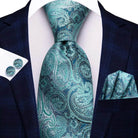 Teal Green Striped Silk Tie Sets for Men - VacationGrabs