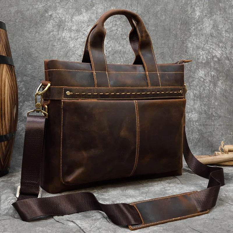 High Fashion Crazy Horse Leather Men's Laptop Handbag - VacationGrabs