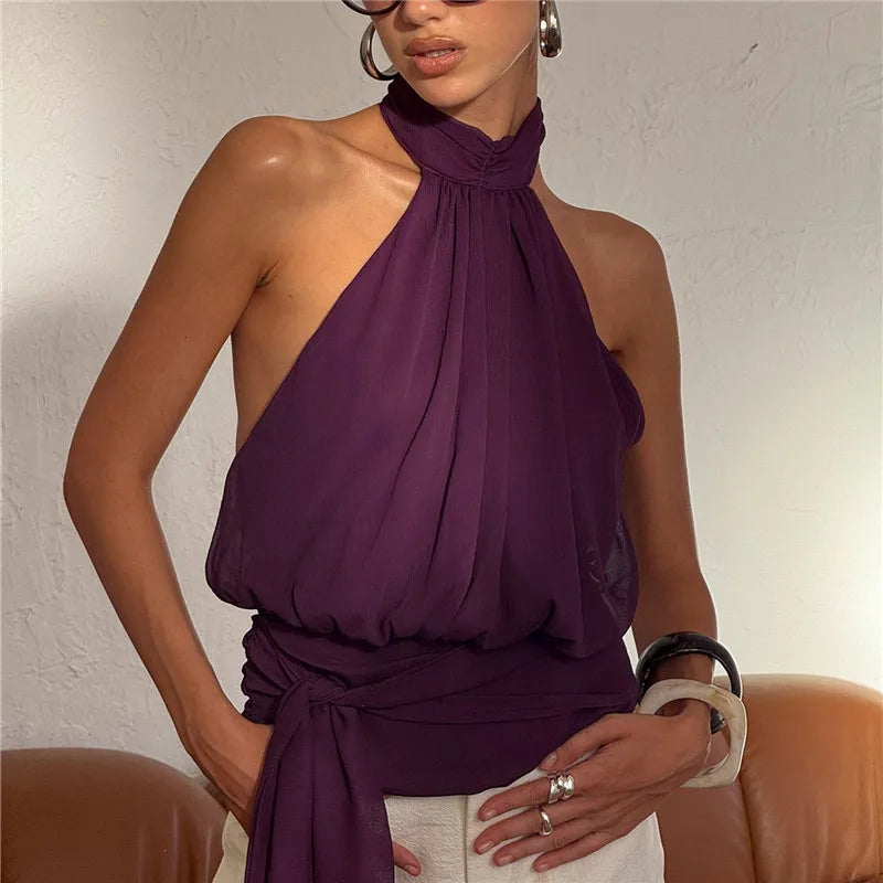 VacationGrabs Elegant Plum Purple Halter Top Women Open Back Sleeveless Blouse Tie Waist Flowy Top For Office Commute And Casual Wear