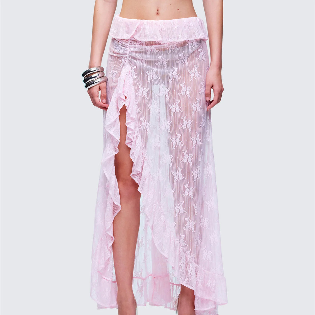 VacationGrabs Women Asymmetrical Lace Flowy Skirt Vintage Long Skirts High Waist Ruffle Midi Aesthetic Ladies See Through Beach Skirts