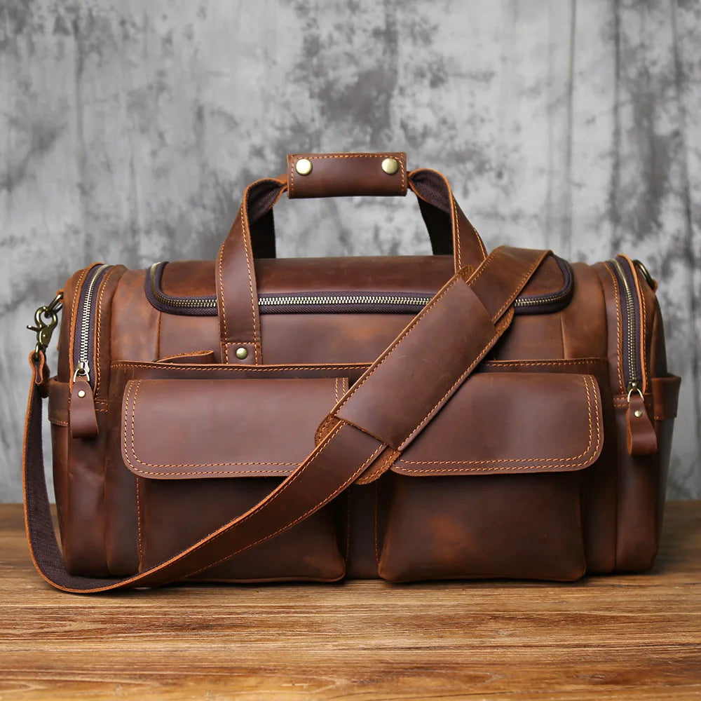 Men's Vintage Genuine Leather Travel Duffel Bag – Large Capacity Weekender