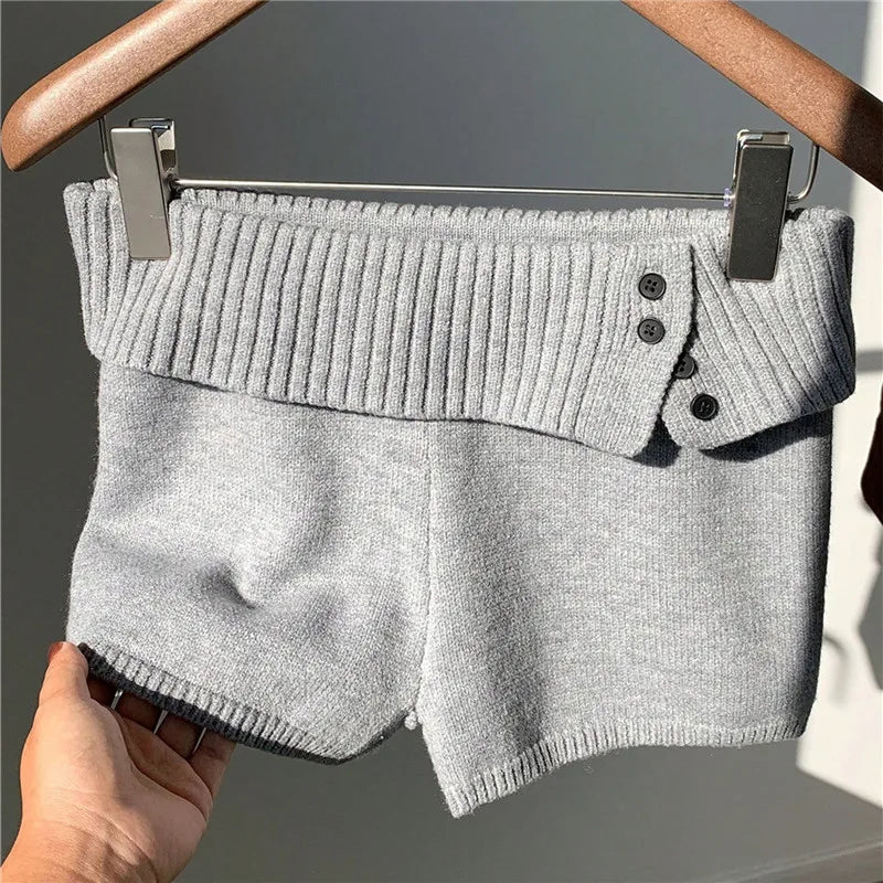VacationGrabs Stylish Button Decor Ribbed Trim Foldover Mid Rise Shorts Women Knit Crochet Micro Shorts Casual Slim Fit Y2K Streetwear