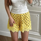 VacationGrabs Coquette Polka Dot Satin Lounge Shorts Women Eyelash Lace Hem Drawstring High Waist Loose Cute Halloween Pajama Bottoms