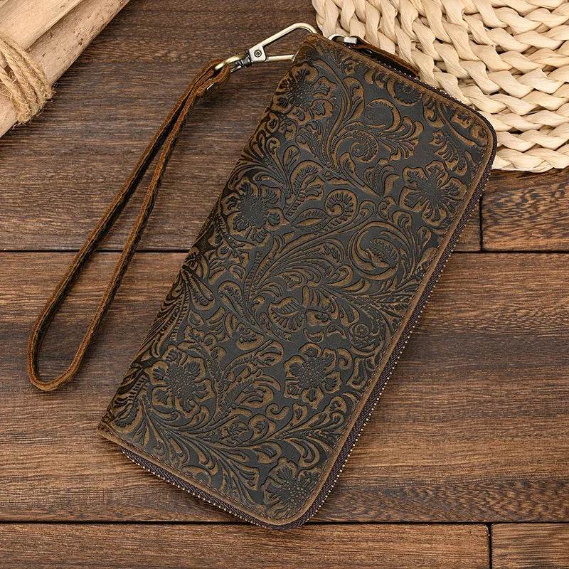 Men's Zip Long Wallet Natural Cowhide for Cards, Cash & Phone - VacationGrabs