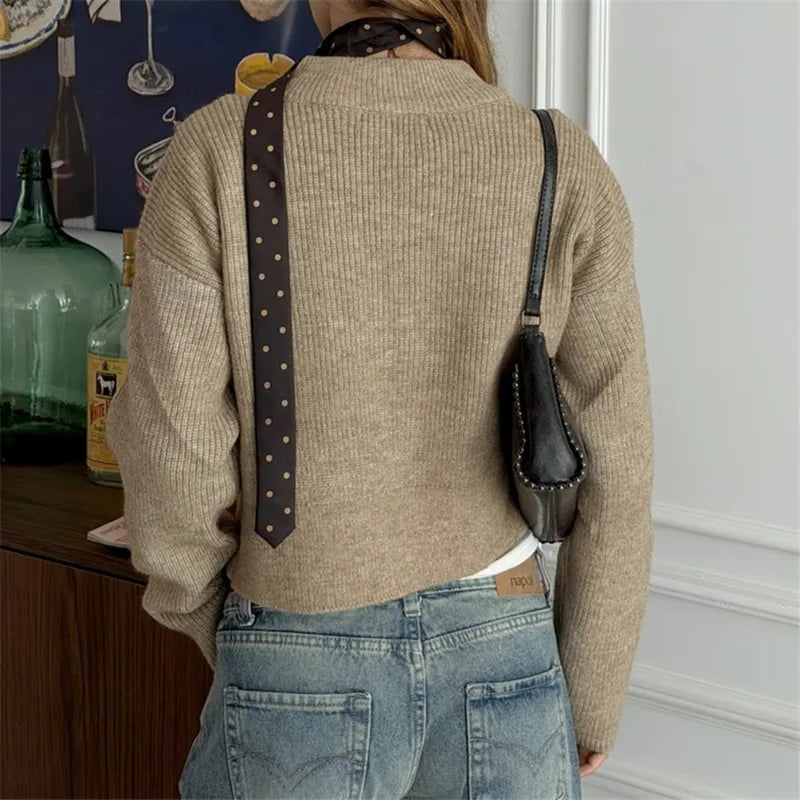 VacationGrabs Women Ribbed Knit Cropped Zip Up Cardigan Crew Neck Double Zipper Long Sleeve Loose Fuzzy Sweater Jacket for Winter