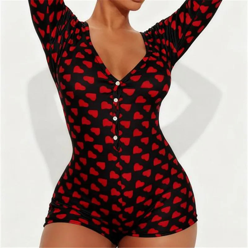 VacationGrabs Women Sexy Bodycon Deep V Neck Trapdoor Fashion Heart Printed Long Sleeve Butt Flap Romper Valentines Pajama Playsuit