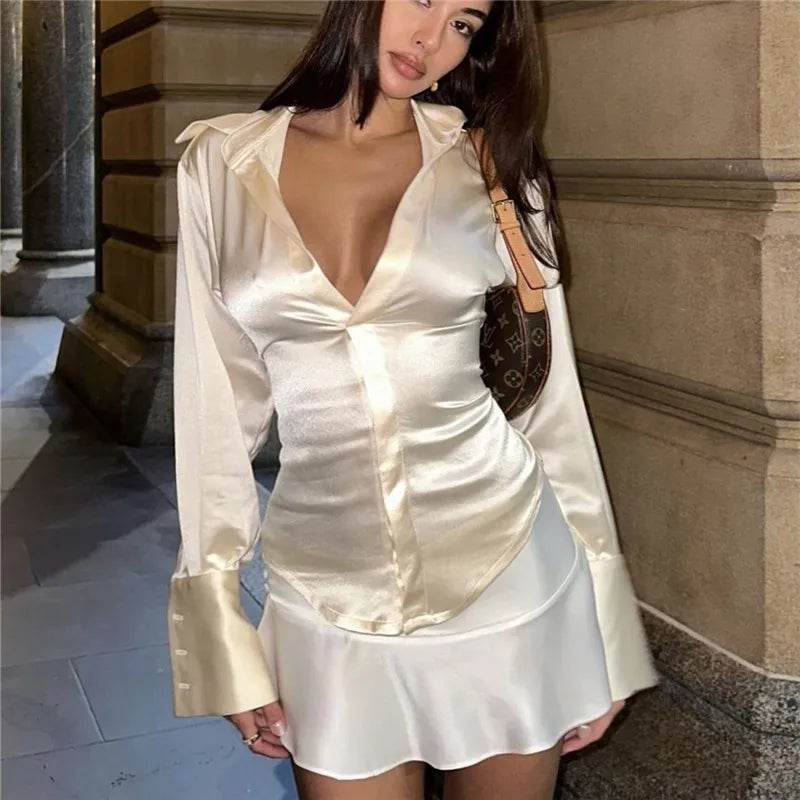 VacationGrabs Satin Silk Waist Ruched Fitted Shirt Women Long Sleeve Lapel Collar Button Up Slim Bodycon Blouse Casual Streetwear