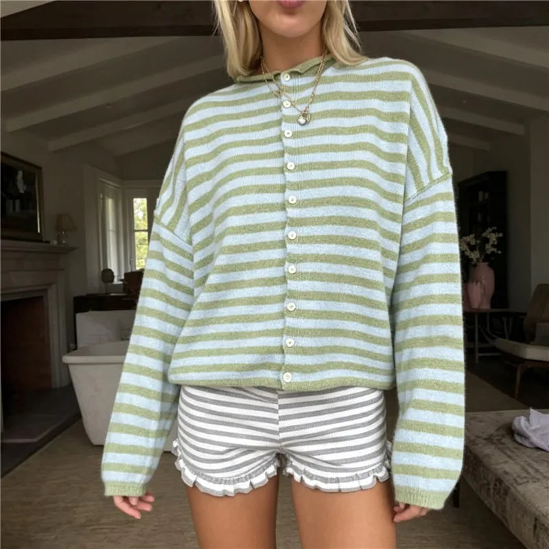 Hirigin Women Striped Cropped Knit Cardigan Round Neck Button Down Drop Shoulder Long Sleeve Loose Fit Knitted Sweater Jacket