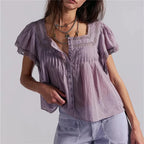 VacationGrabs Women Boho Square Neck Lace Blouse Puff Short Sleeve Button Front Pleated Loose Cropped Shirt Vintage Cottage Summer Top