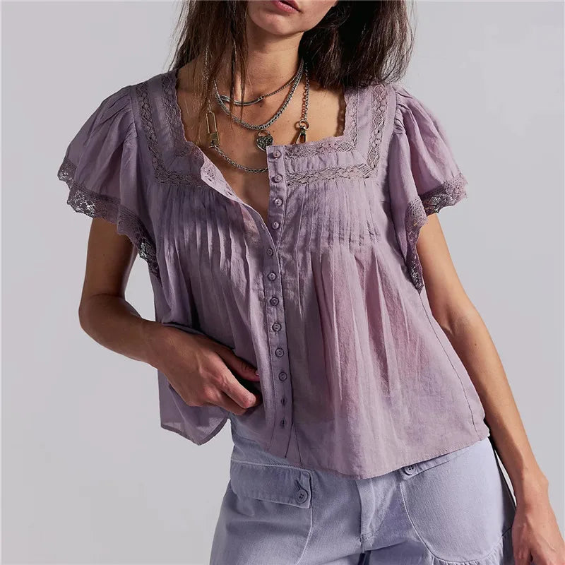 VacationGrabs Women Boho Square Neck Lace Blouse Puff Short Sleeve Button Front Pleated Loose Cropped Shirt Vintage Cottage Summer Top