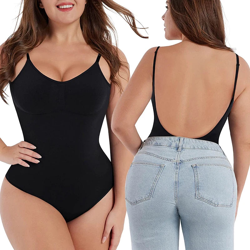 Backless Deep-V Shapewear Corset Bodysuit, Thong Back