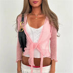 Y2K Coquette Sheer Knit Tie Front Cover Up for Women Ruffled Trim Long Sleeve Cropped Cardigan See Through Summer Streetwear