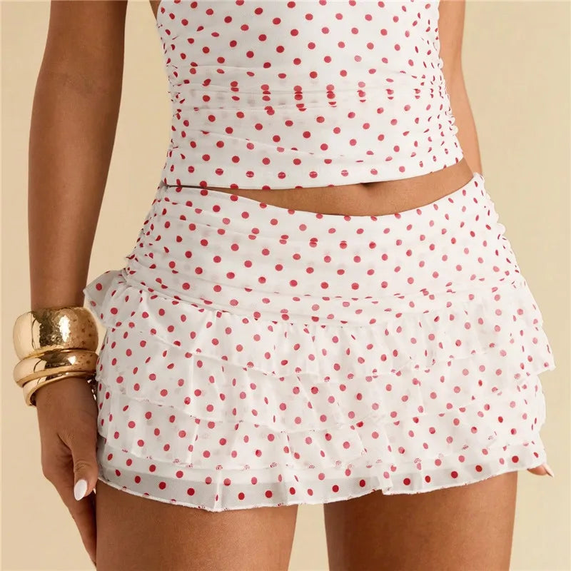 VacationGrabs Polka Dot Mini Skirt for Women Low Rise Tiered Layered Ruffle Y2K Pleated Skirt Flowy A Line Short Skirts