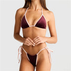 VacationGrabs Women's Summer Bikini Set Fashionable Contrast Color Halter Bra with Side Tie Thong 2Pcs Bathing Suit