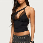 VacationGrabs Women's Asymmetrical Halter Top Lace V-Neck Cutout Sleeveless Slim Fit Y2K Cropped Camisole for Party Night Out