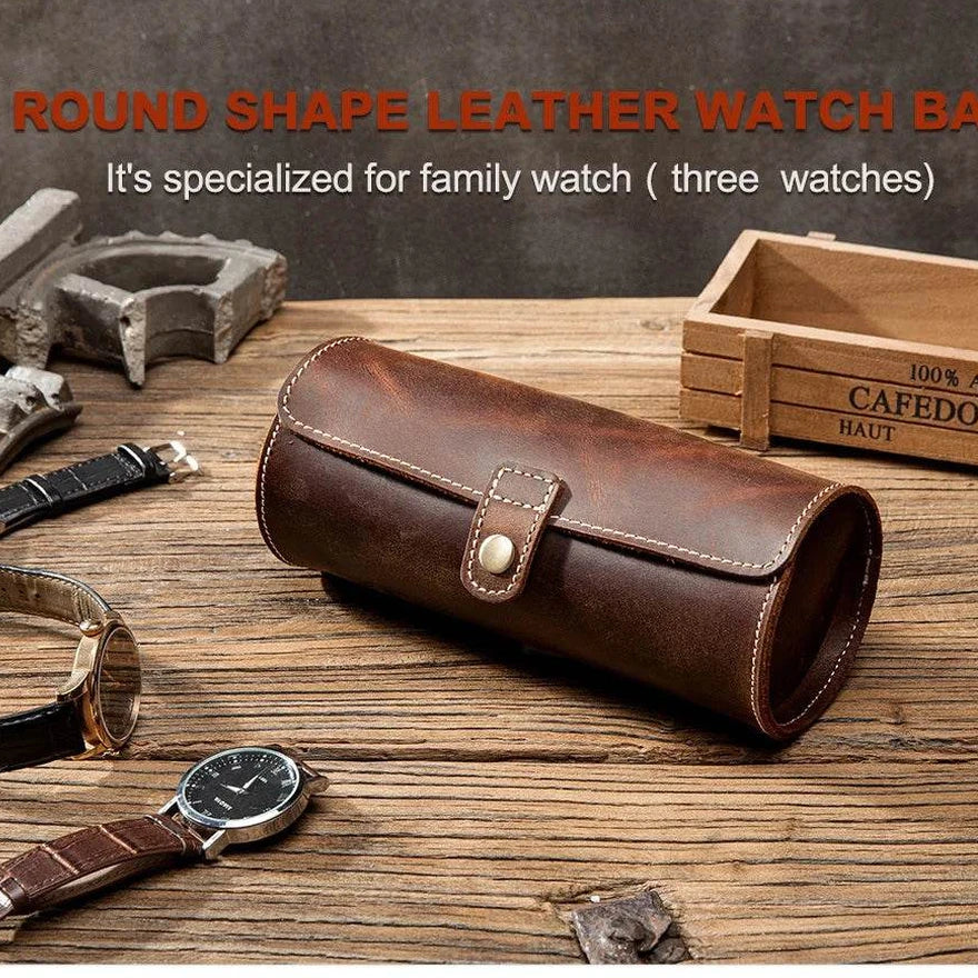 Leather Watch Case with Three Round Buckles for Convenient Travel Storage - VacationGrabs