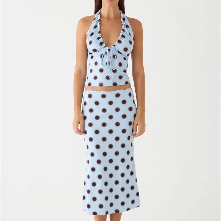 Coquette Blue Polka Dot 2 Piece Set Women Halter Crop Top + Midi Skirt Y2K Aesthetic Tie Front Sleeveless Backless Summer Outfit