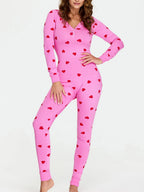 VacationGrabs Women Bodycon Jumpsuits Heart Print V-Neck Long Sleeve Rompers Fall Winter Casual Playsuits Valentine's Day Clothes