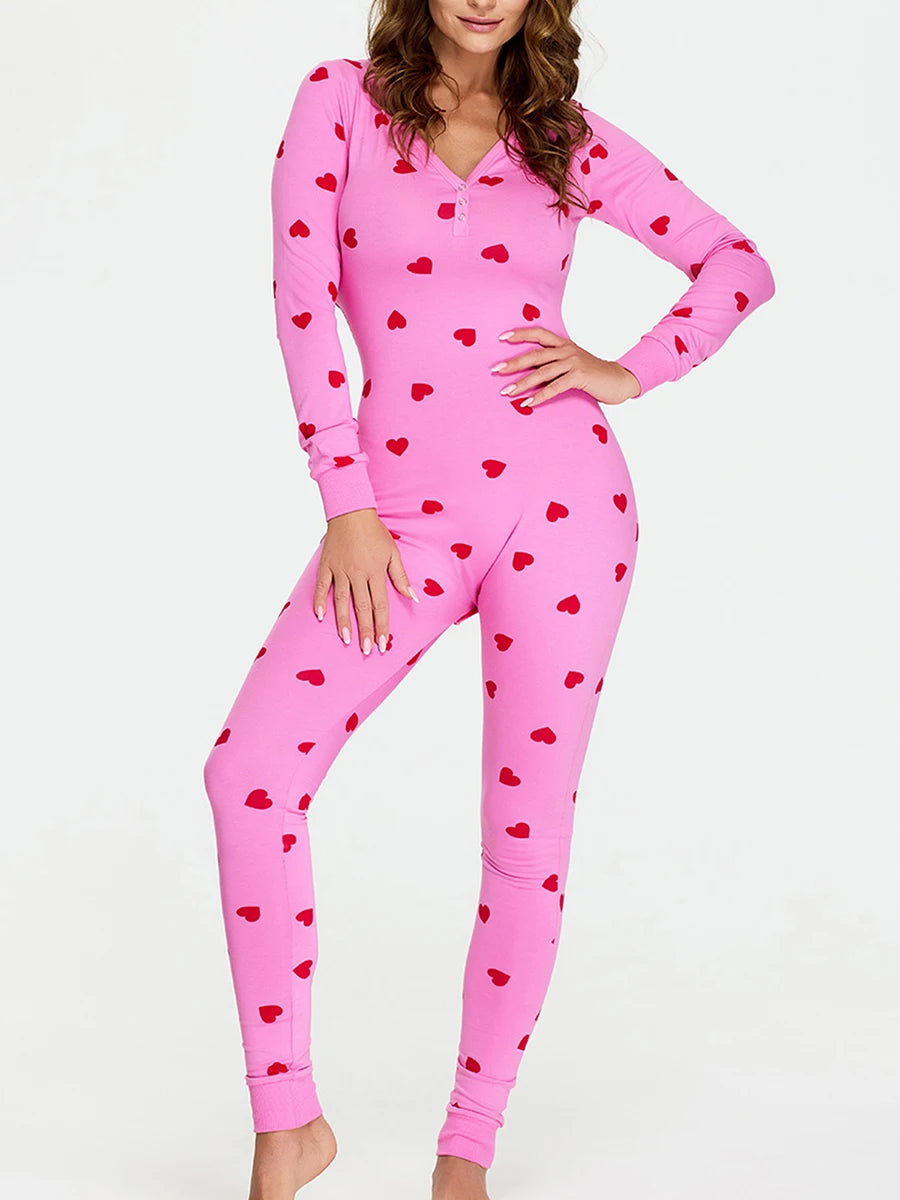 VacationGrabs Women Bodycon Jumpsuits Heart Print V-Neck Long Sleeve Rompers Fall Winter Casual Playsuits Valentine's Day Clothes