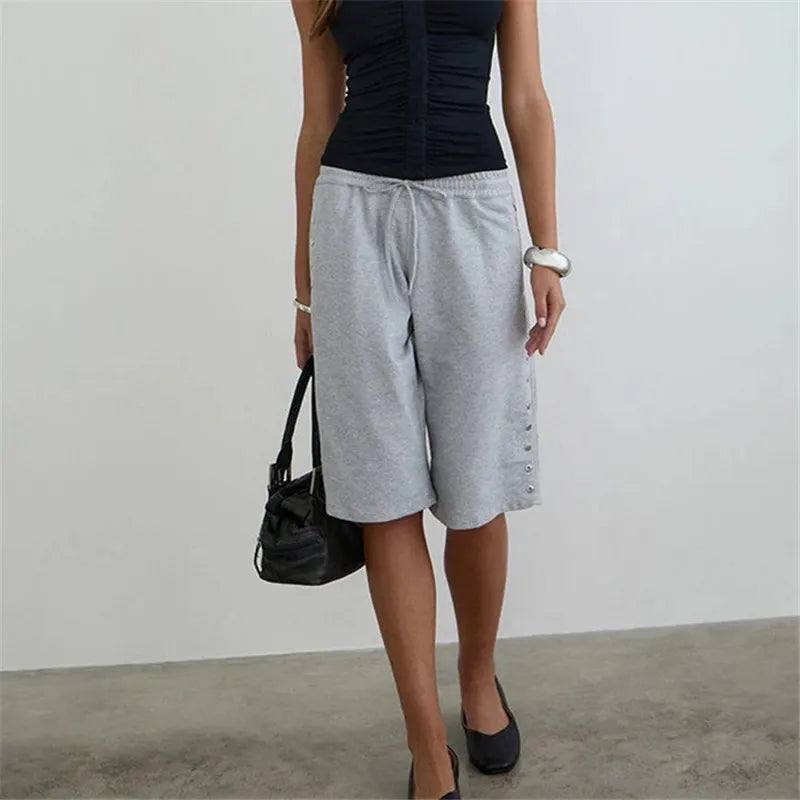 VacationGrabs Women's Knee Length Sweat Shorts with Side Snap Buttons Drawstring Waist Casual Loose Fit Summer Y2K Streetwear