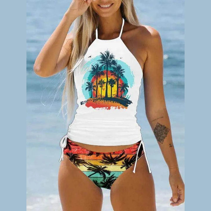Women's Bathing Suit Drawstring Side Halter Neck Tankini - VacationGrabs