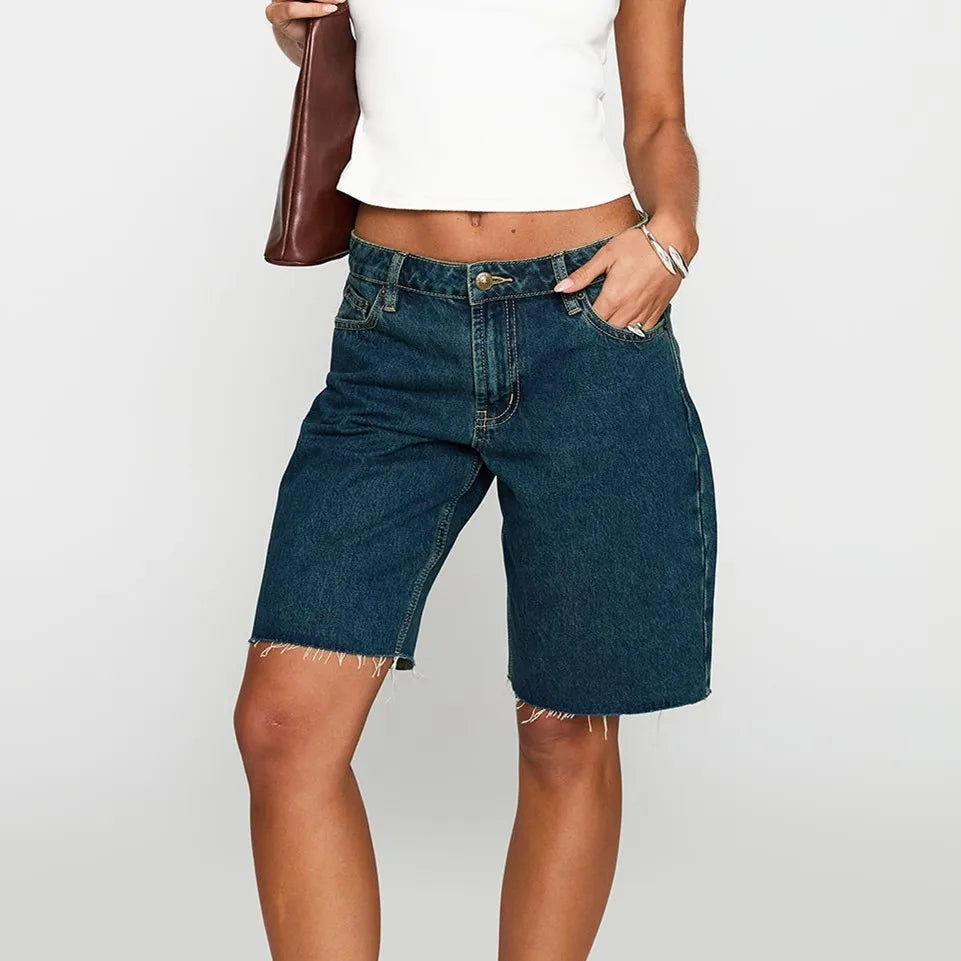 VacationGrabs Women Loose Fit Denim Shorts Elegant Solid Color Zip Fly with Button Closure Bermuda Jean Shorts for Beach Daily Wear
