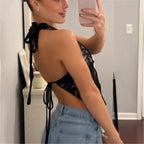 VacationGrabs Vintage Transparent Lace Tees Sexy Backless Bandage Halter Crop Tops Women Chic Patchwork Tees Ladies Summer Clubwear