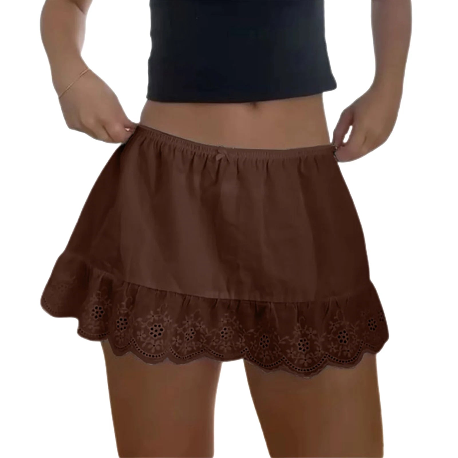 VacationGrabs Women Y2k Lace Trim Mini Skirt Floral Eyelet Embroidery Half Slip Underskirts Cute Low Rise Summer Skater Skirt