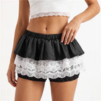 VacationGrabs Lolita Sweet Lace Layered Bloomers Women Elastic High Waist Ruffle Fake Two Piece Skort Lace Hem Casual Cute Short Pants