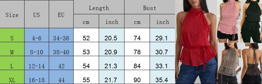 VacationGrabs Y2K Summer Backless Halter Neck Crop Tops Sleeveless Tie Up Open Back Shirts Vest Women's Chiffon Pleated Tank Top