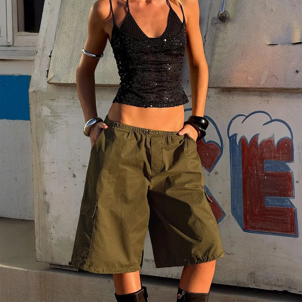 VacationGrabs Women's Knee Length Cargo Shorts Elastic Drawstring Waist Loose Fit Bermuda Capris with Pockets Casual Streetwear Summer