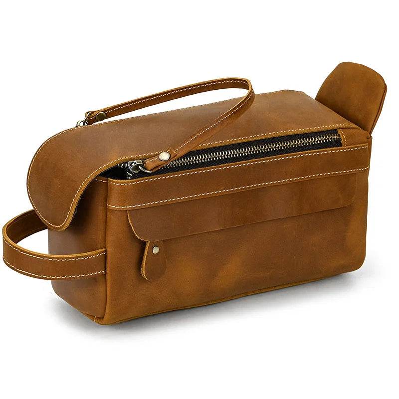 Thick Leather Clutch Bag for Men Genuine Leather Toiletry Kit Bag - VacationGrabs