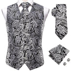 Black and silver paisley vest and necktie set, perfect for formal occasions, with instructions for necktie how to tie
