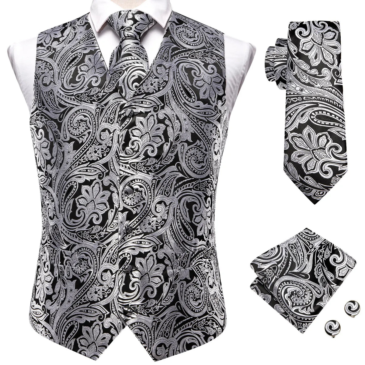 Black and silver paisley vest and necktie set, perfect for formal occasions, with instructions for necktie how to tie
