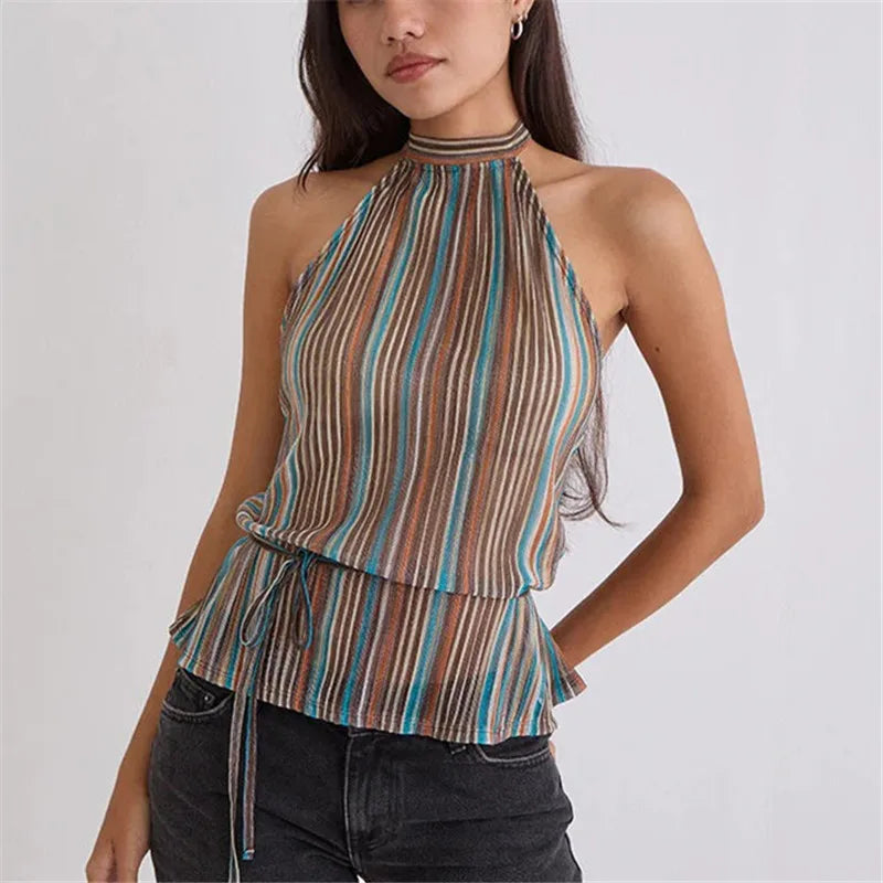 VacationGrabs Y2K Summer Backless Halter Neck Crop Tops Sleeveless Tie Up Open Back Shirts Vest Women's Chiffon Pleated Tank Top