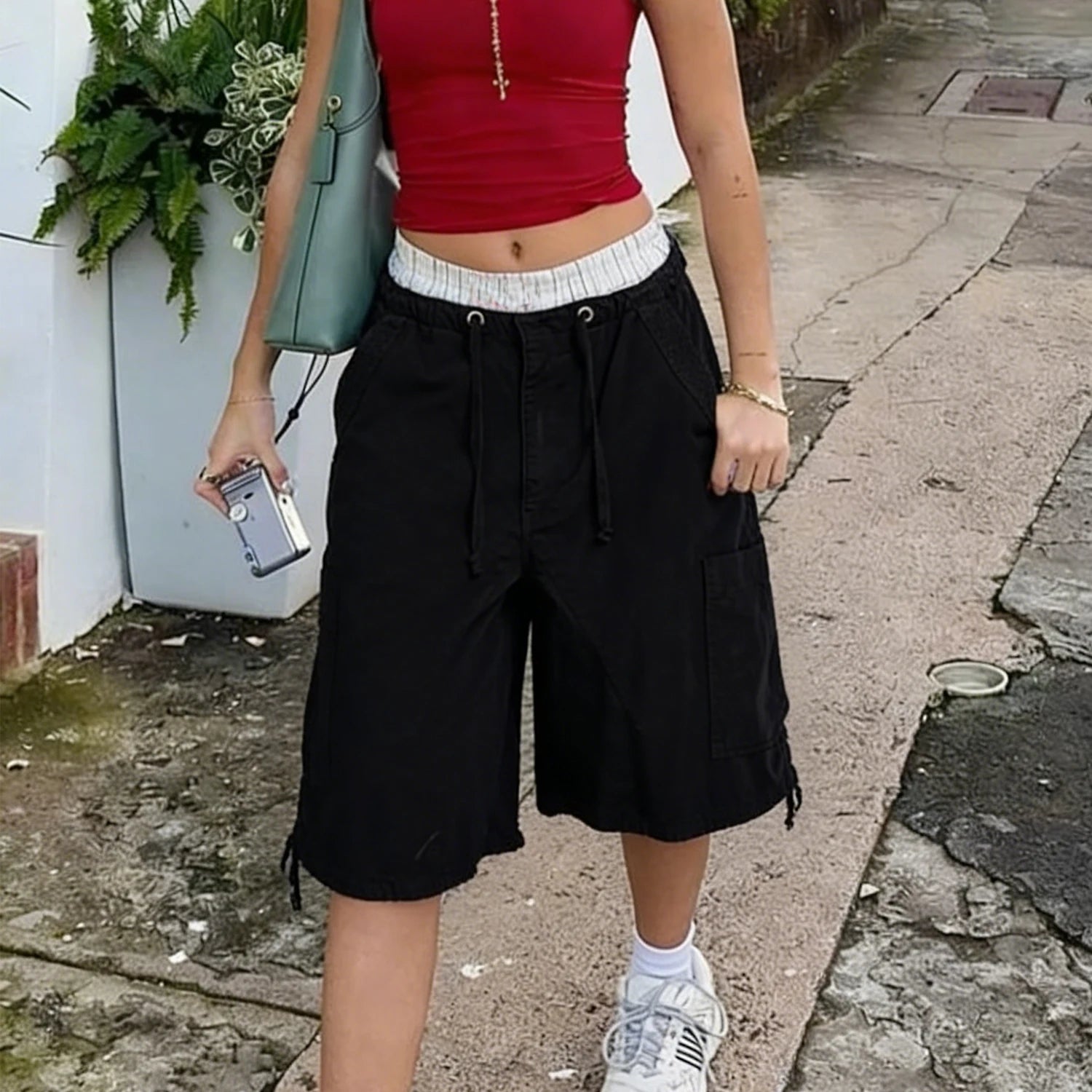 Y2K Cargo Jean Shorts Women Summer Solid Color Drawstring Low Rise Baggy Denim Shorts Casual Jorts Vintage Streetwear