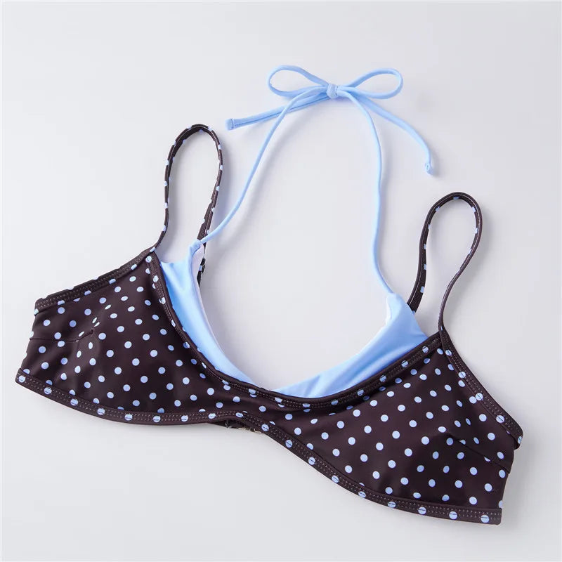 VacationGrabs Women's Double Layered Bikini Set Dot Print Halter Bra with Side Tie-up Low Waist Shorts 2 Pcs Swimsuit Beachwear