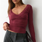VacationGrabs Lace Trim V Neck Wrap Long Sleeve Crop Top Women Slim Ruched Solid Color Basic Layering T Shirt Autumn Going Out Blouse