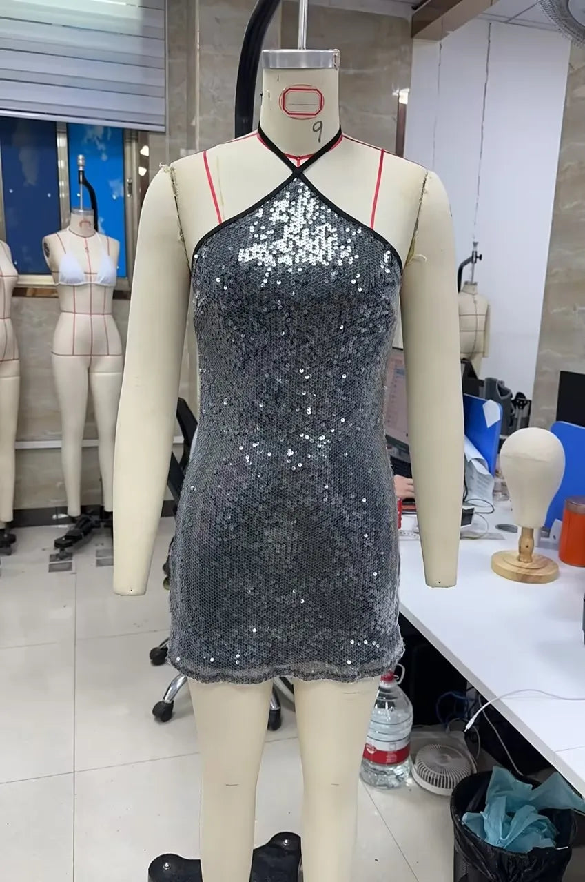 VacationGrabs Y2K Sparkly Sequin Halter Mini Dress Women Back Tie Backless Sleeveless Tight Bodycon Dress Glitter Club Party Dress