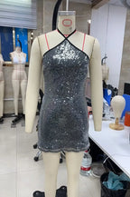 VacationGrabs Y2K Sparkly Sequin Halter Mini Dress Women Back Tie Backless Sleeveless Tight Bodycon Dress Glitter Club Party Dress