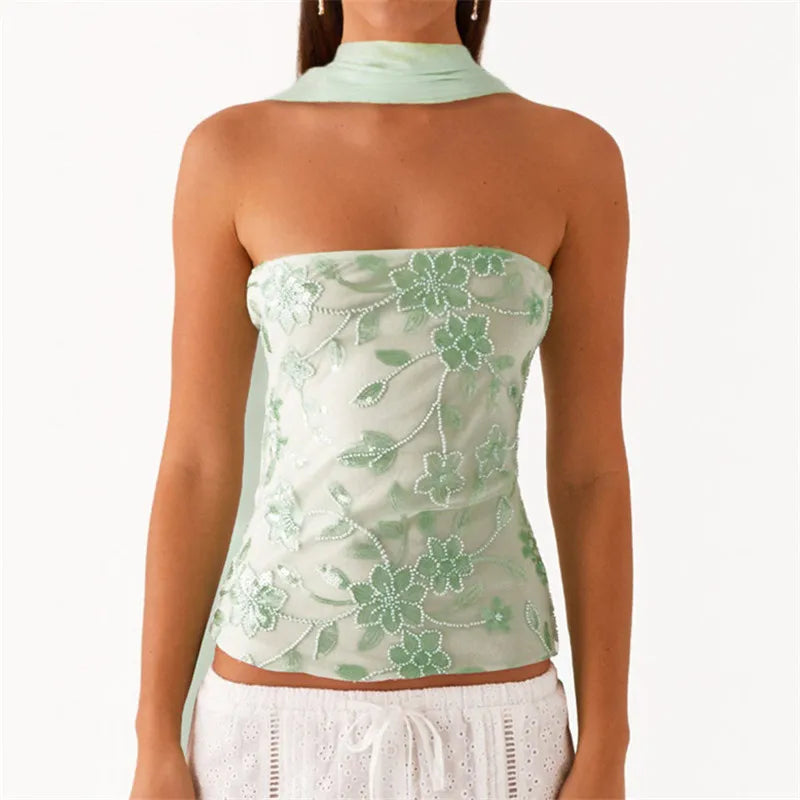 VacationGrabs Women Y2K Sequin Tube Top with Scarf Sexy Backless Pearl Embellished Beaded Cami Bling Glitter Rhinestone Camisole