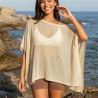 VacationGrabs Women Knit Poncho Top One Shoulder Asymmetric Irregular Hanky Hem Sheer See Through Batwing Cover Up Summer Beachwear